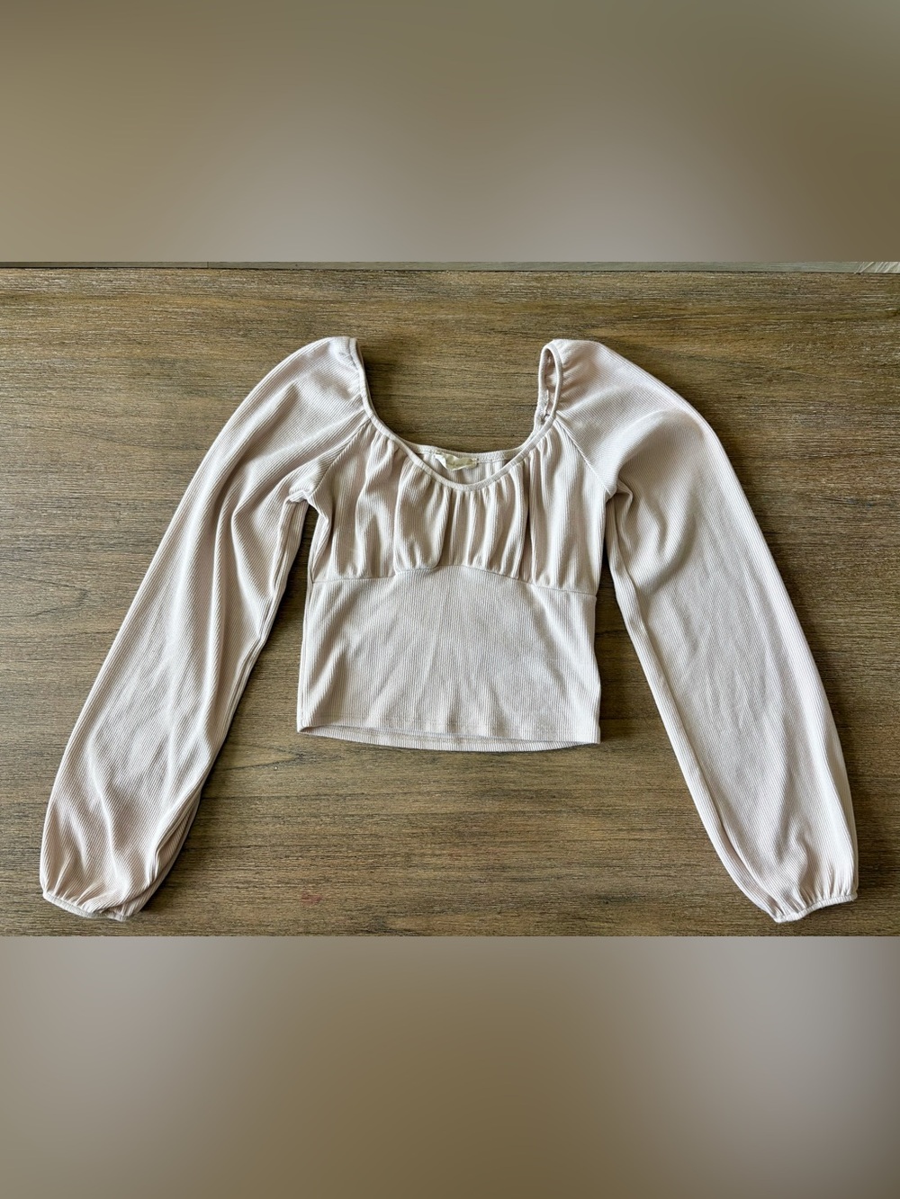Altar’d State Ribbed Balloon Sleeve Crop Top Beige Medium